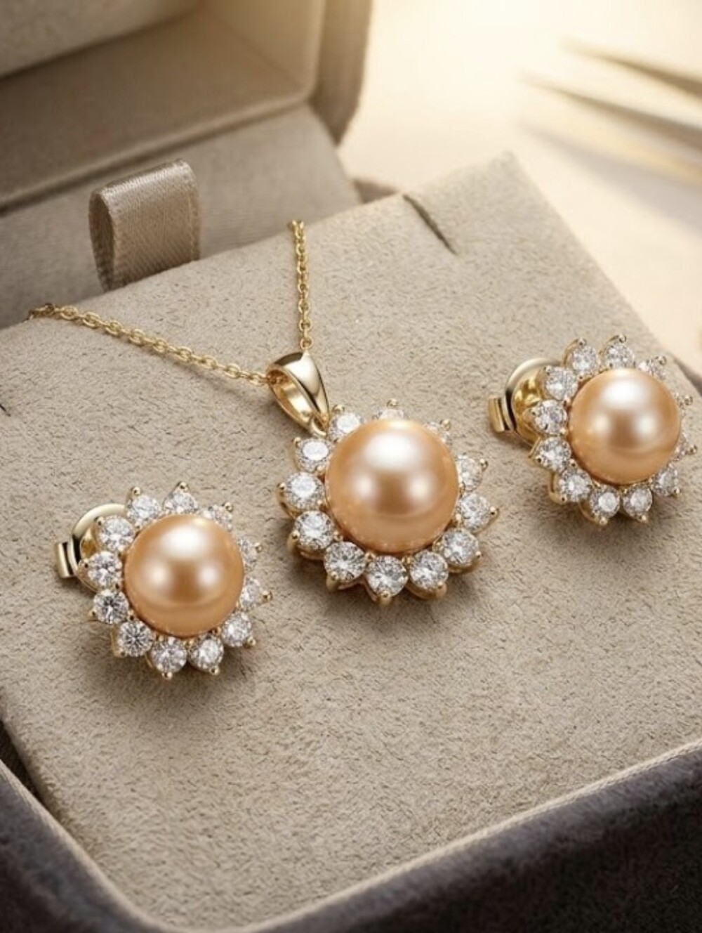 Elegant 14K White Gold Sunburst Halo Pearl & Diamond Ring & Earring Set